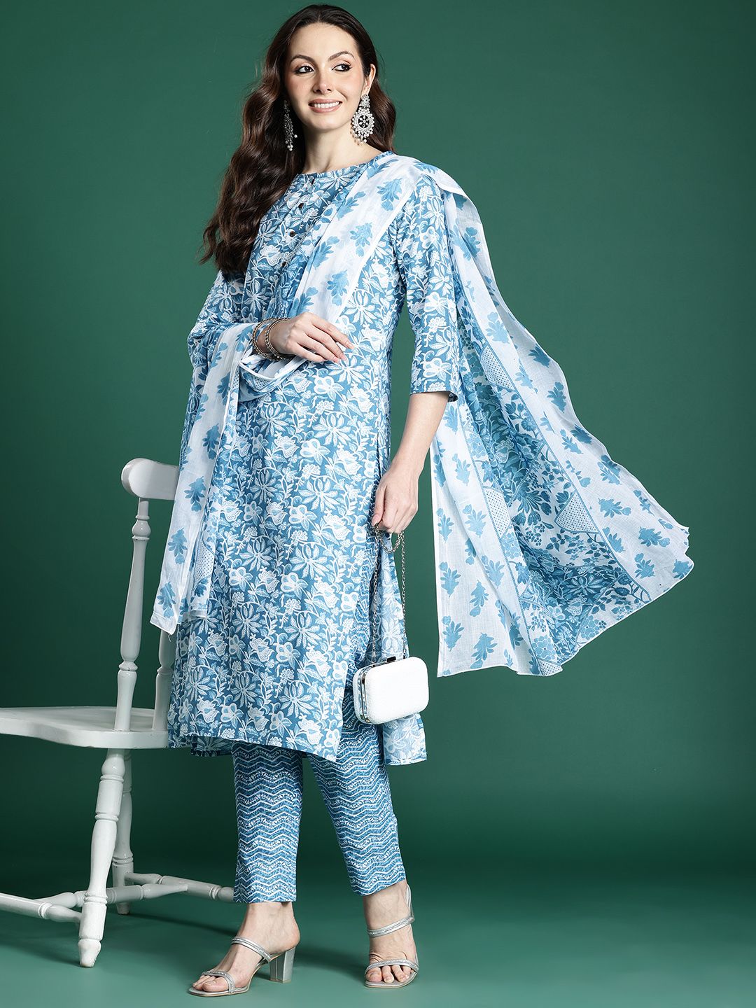Indo Era Floral Printed Pure Cotton Kurta with Trousers & Dupatta