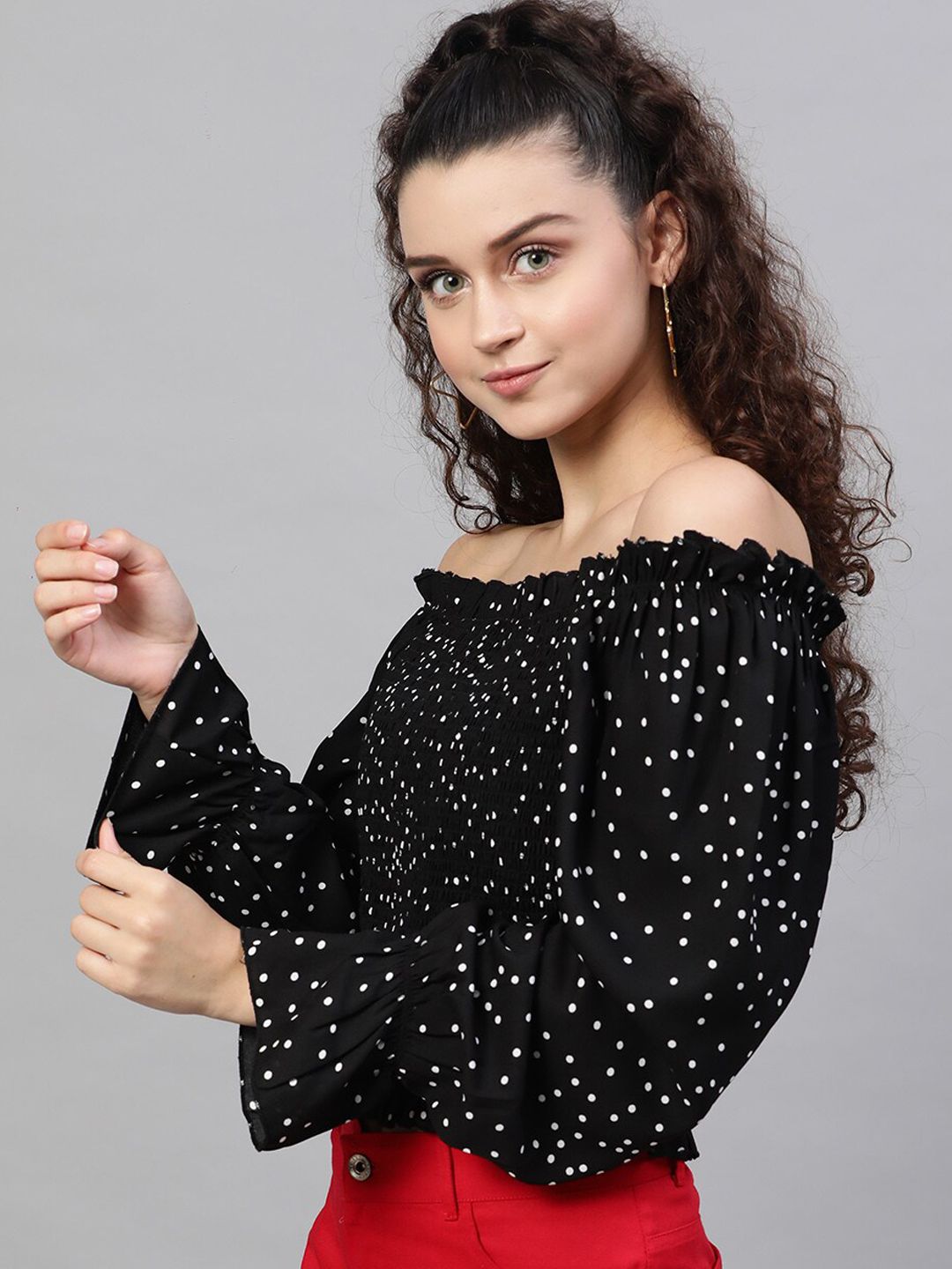 STREET 9 Black & White Polka Dot Print Off-Shoulder Smocked Monochrome Bardot Top