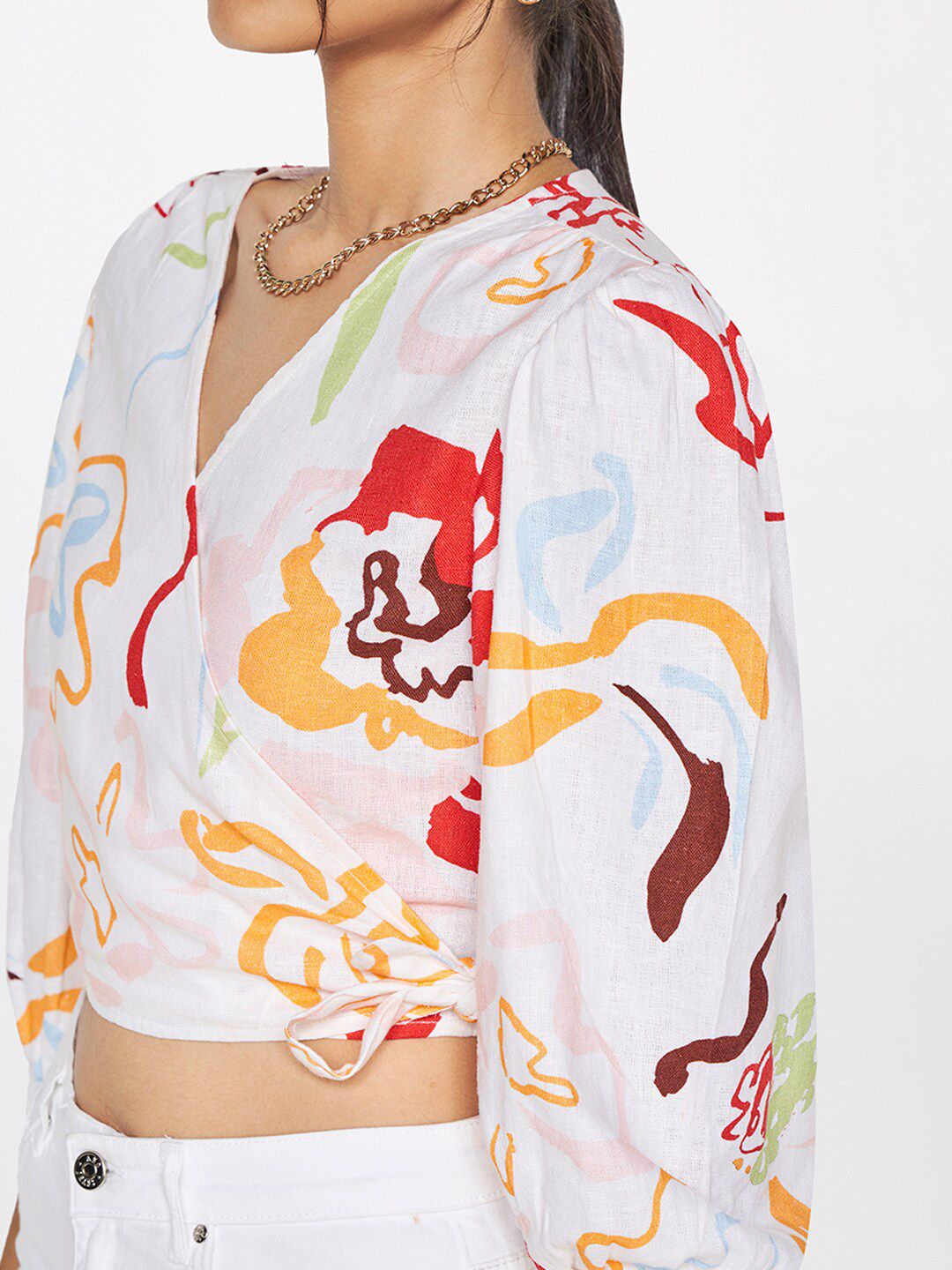 AND Abstract Printed Puff Sleeves Linen Wrap Crop Top
