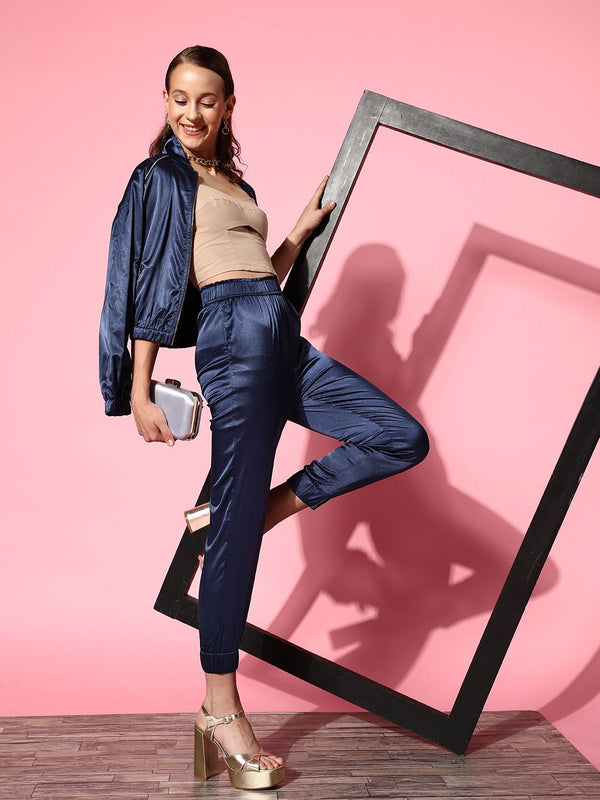 SASSAFRAS Women Attractive Navy Blue Solid Satin Trousers