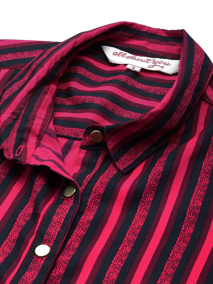 all about you Women Puff Sleeves Spread Collar Striped Casual Shirt