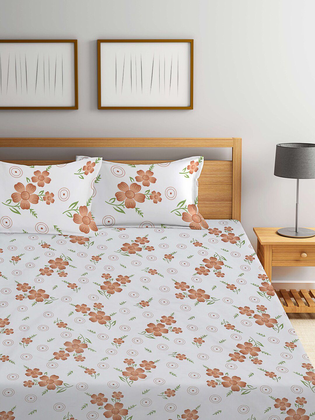 KLOTTHE White & Brown Printed 300TC Fitted Double King Bedsheet With 2 Pillow Covers