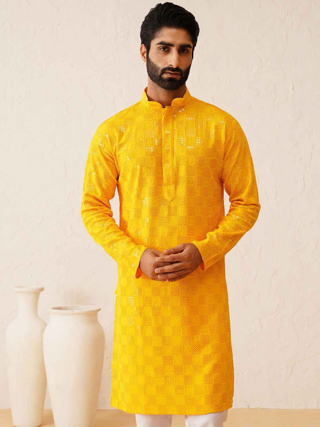SOJANYA Ethnic Motifs Embroidered Regular Sequinned Pure Cotton Kurta with Churidar