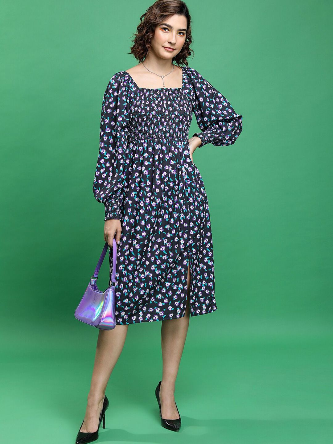 Tokyo Talkies Black Floral Print Puff Sleeve Fit & Flare Dress