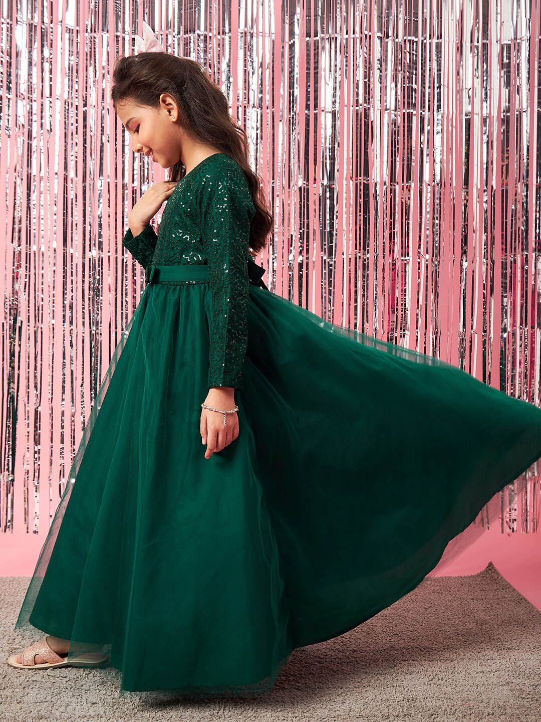 pspeaches Girls Embellished Sequinned Fit & Flare Lace Maxi Dress