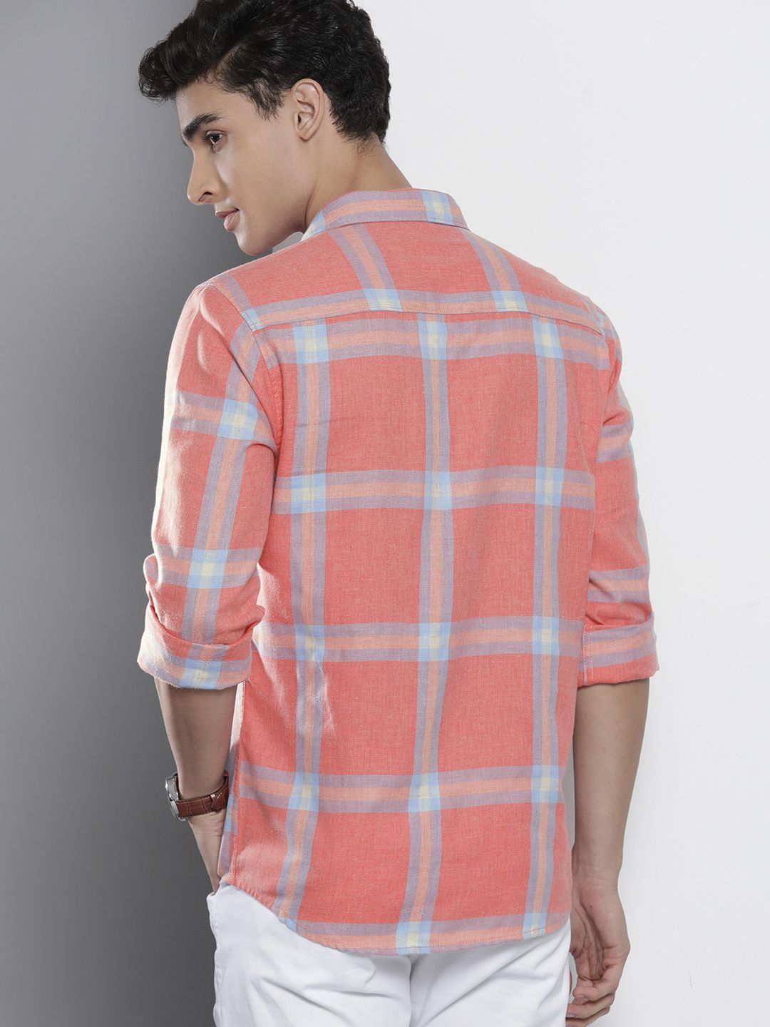 The Indian Garage Co Men Coral Pink & Blue Checked Pure Cotton Casual Shirt