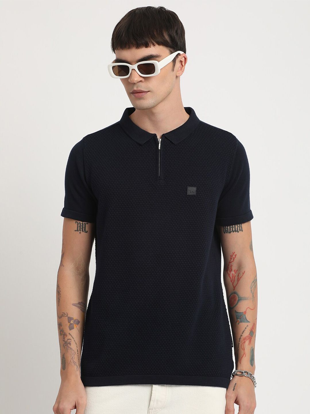 THE BEAR HOUSE Self Design Polo Collar Slim Fit Pure Cotton T-shirt