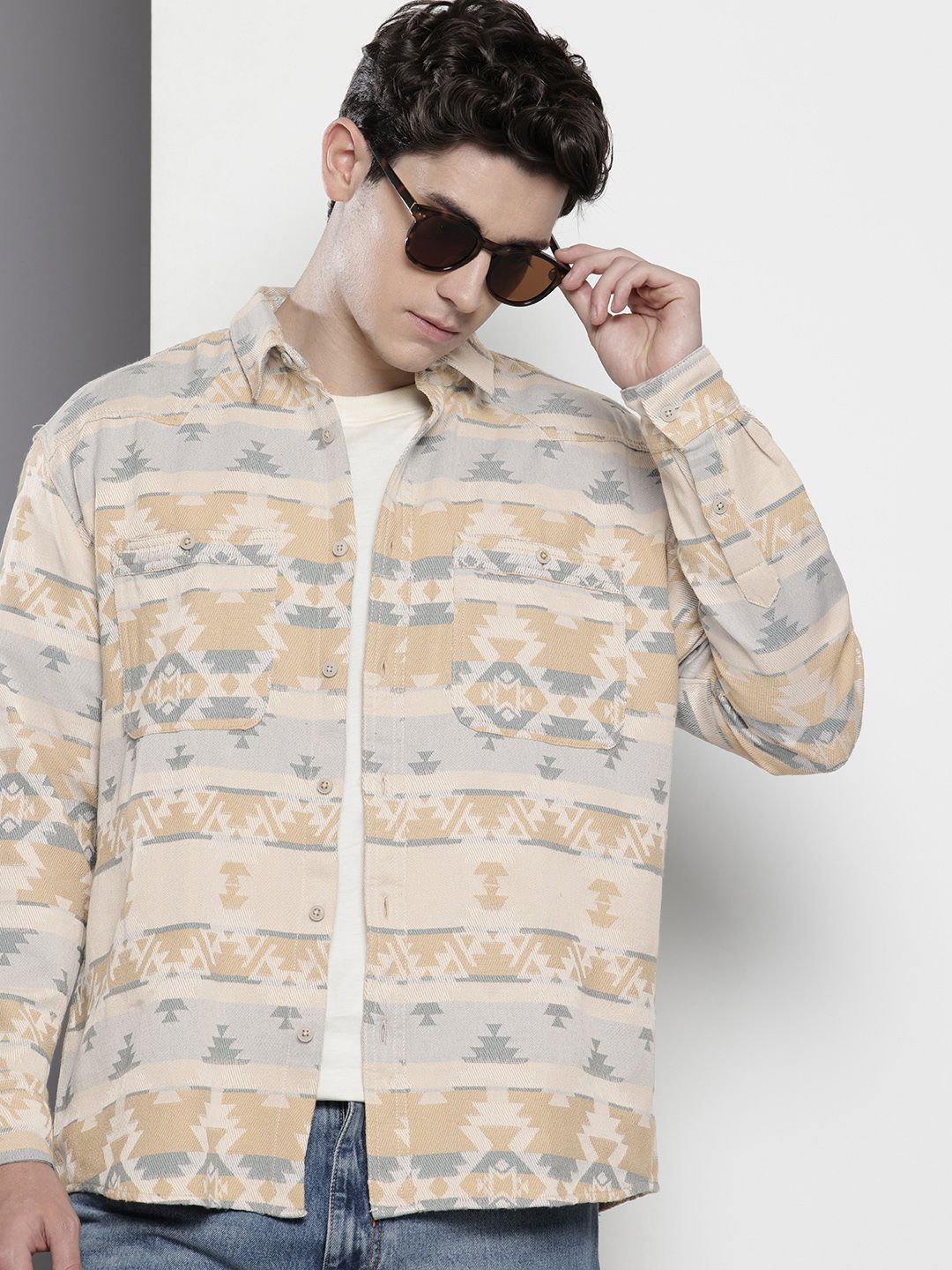The Indian Garage Co Self-Design Ethnic Drop-Shoulder Sleeves Relaxed Fit Casual Shirt