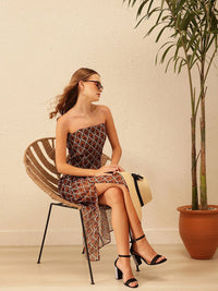 STREET 9 Ethnic Motifs Printed Off-Shoulder Georgette A-Line Midi Dress