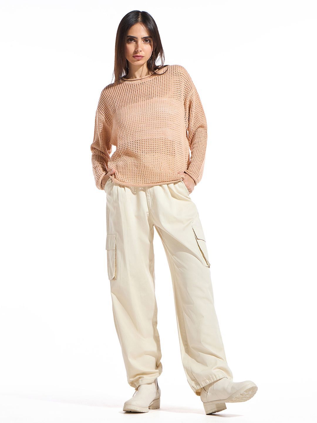 Bewakoof Women's Crystal Rose Oversized Crochet Sweater
