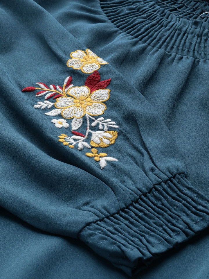 DressBerry Teal Blue Smocked Detail Blouson Top