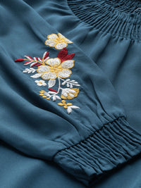 DressBerry Teal Blue Smocked Detail Blouson Top