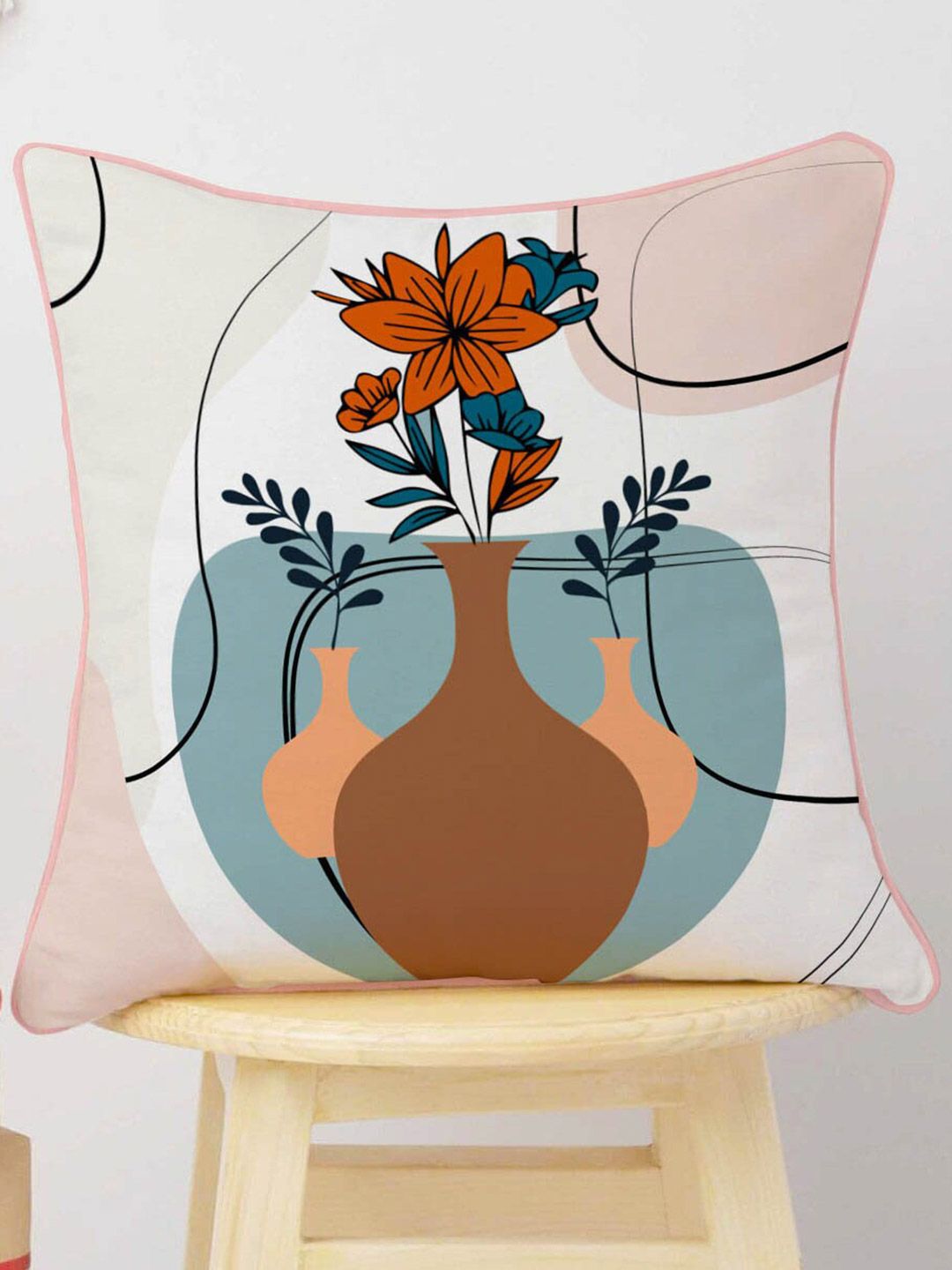 STITCHNEST White & Orange Set of 5 Floral Velvet Square Cushion Covers