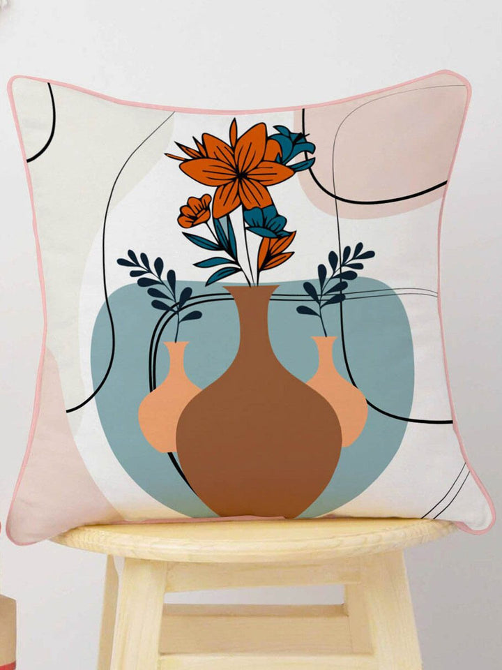 STITCHNEST White & Orange Set of 5 Floral Velvet Square Cushion Covers