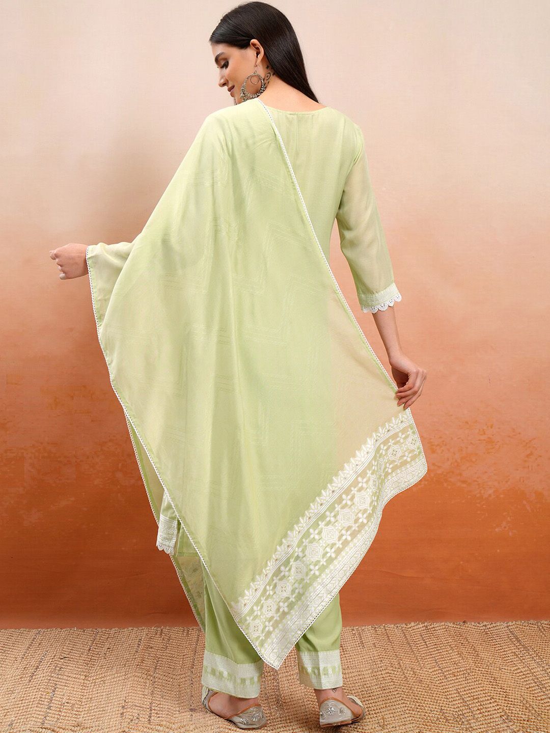 Vishudh Green Embroidered Mirror Work Straight Kurta With Trousers & Dupatta