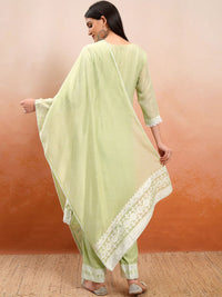 Vishudh Green Embroidered Mirror Work Straight Kurta With Trousers & Dupatta