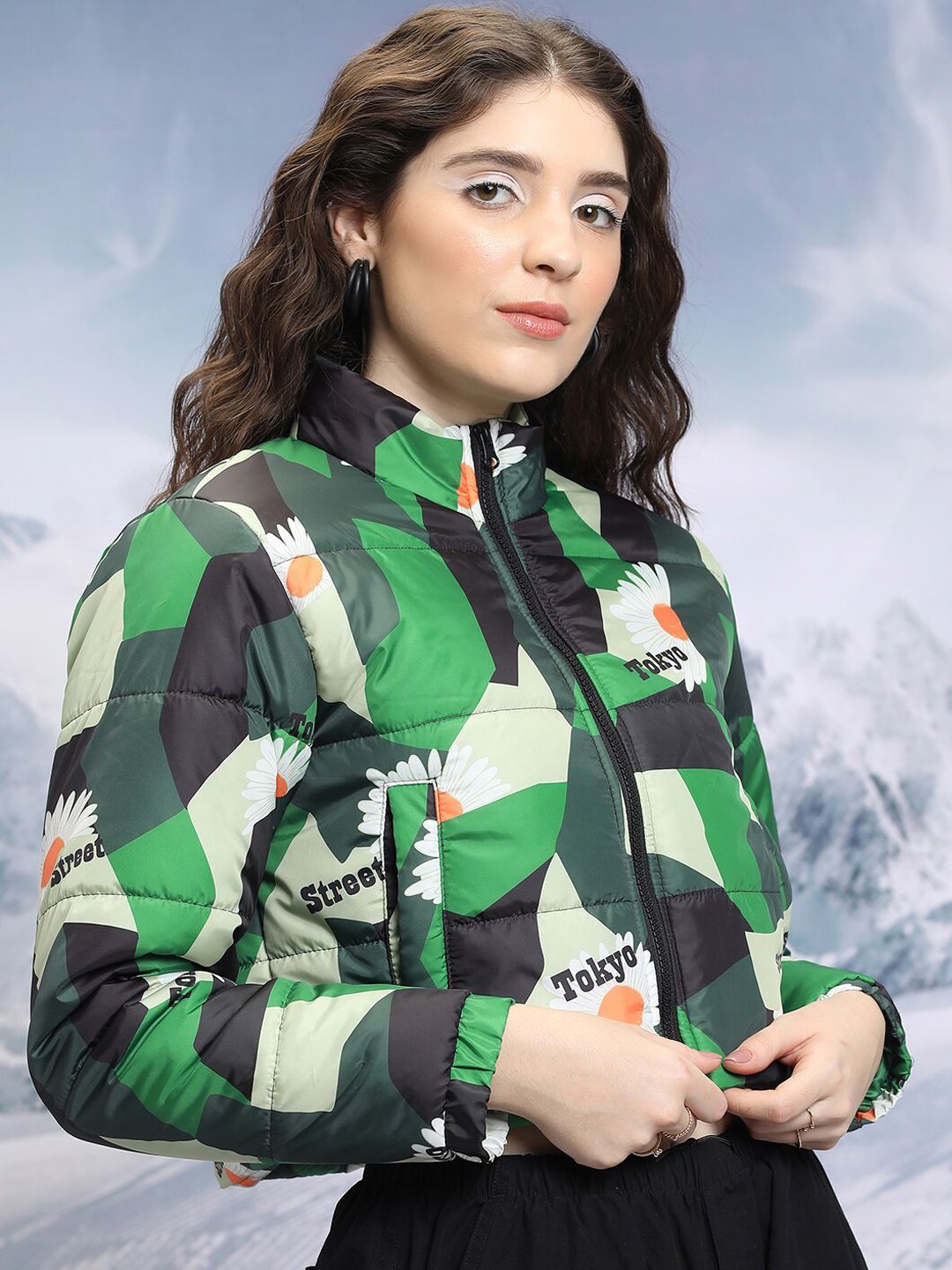 Tokyo Talkies Black Floral Printed Crop Puffer Jacket