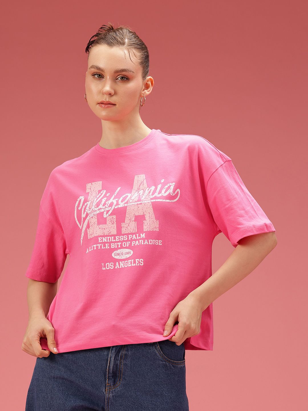 DressBerry Typography Printed Drop-Shoulder Sleeves Relaxed Fit Pure Cotton T-shirt