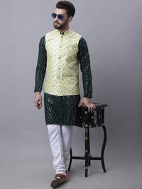 SOJANYA Motif Etnik Lelaki Sulam Kurta Kapas Tulen dengan Piyama & Jaket Nehru
