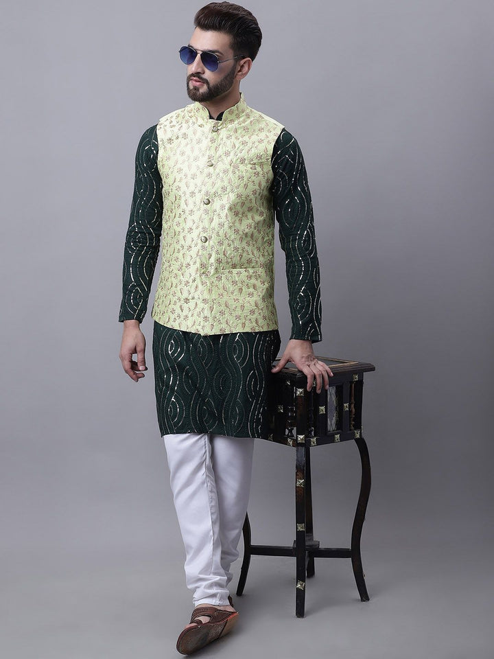 SOJANYA Men Ethnic Motifs Embroidered Pure Cotton Kurta with Pyjamas & Nehru Jacket
