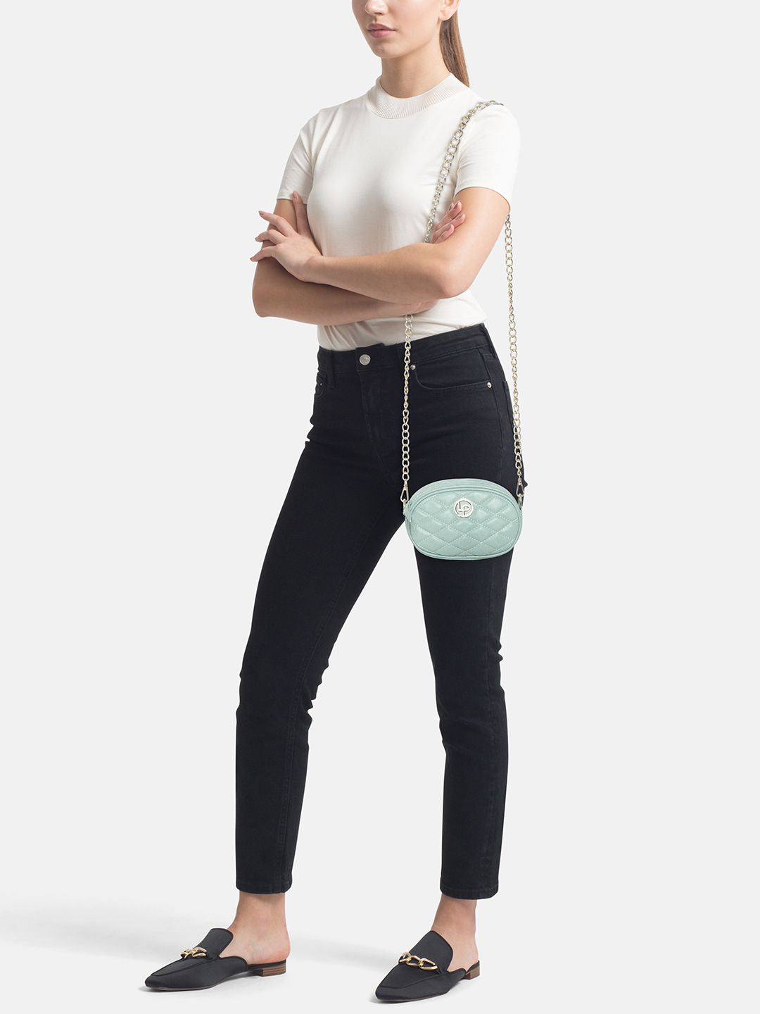 Lino Perros Women Mint Green Quilted Sling Bag Cum Fanny Pack