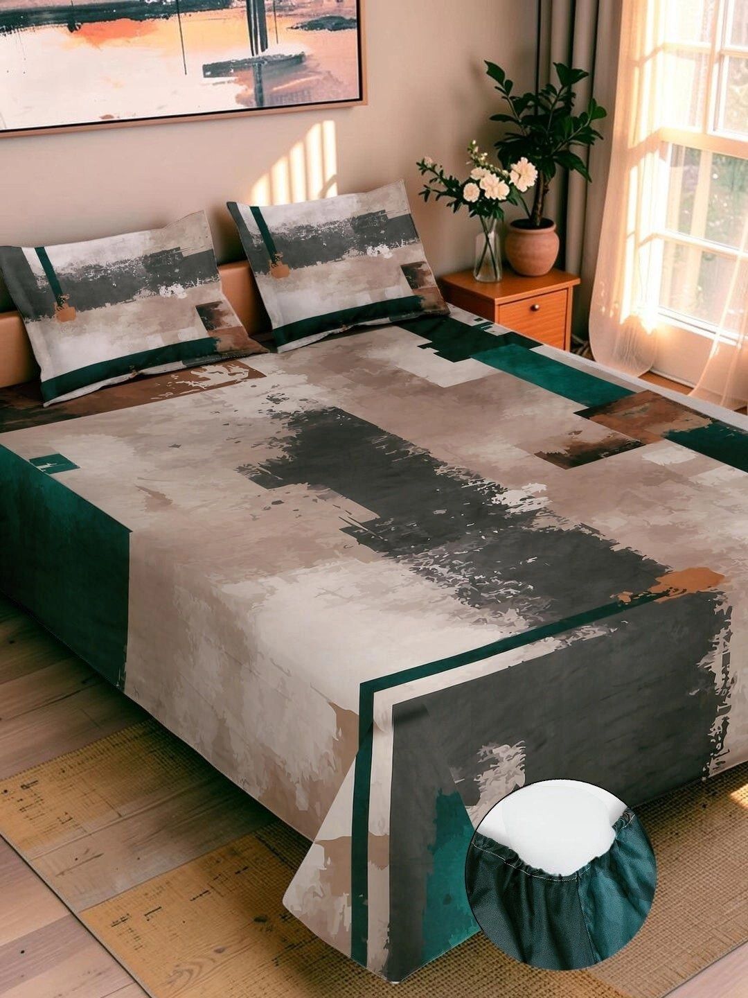 Moda Rapido X KLOTTHE Brown & Grey Geometric 400 TC King Bedsheet with 2 Pillow Covers
