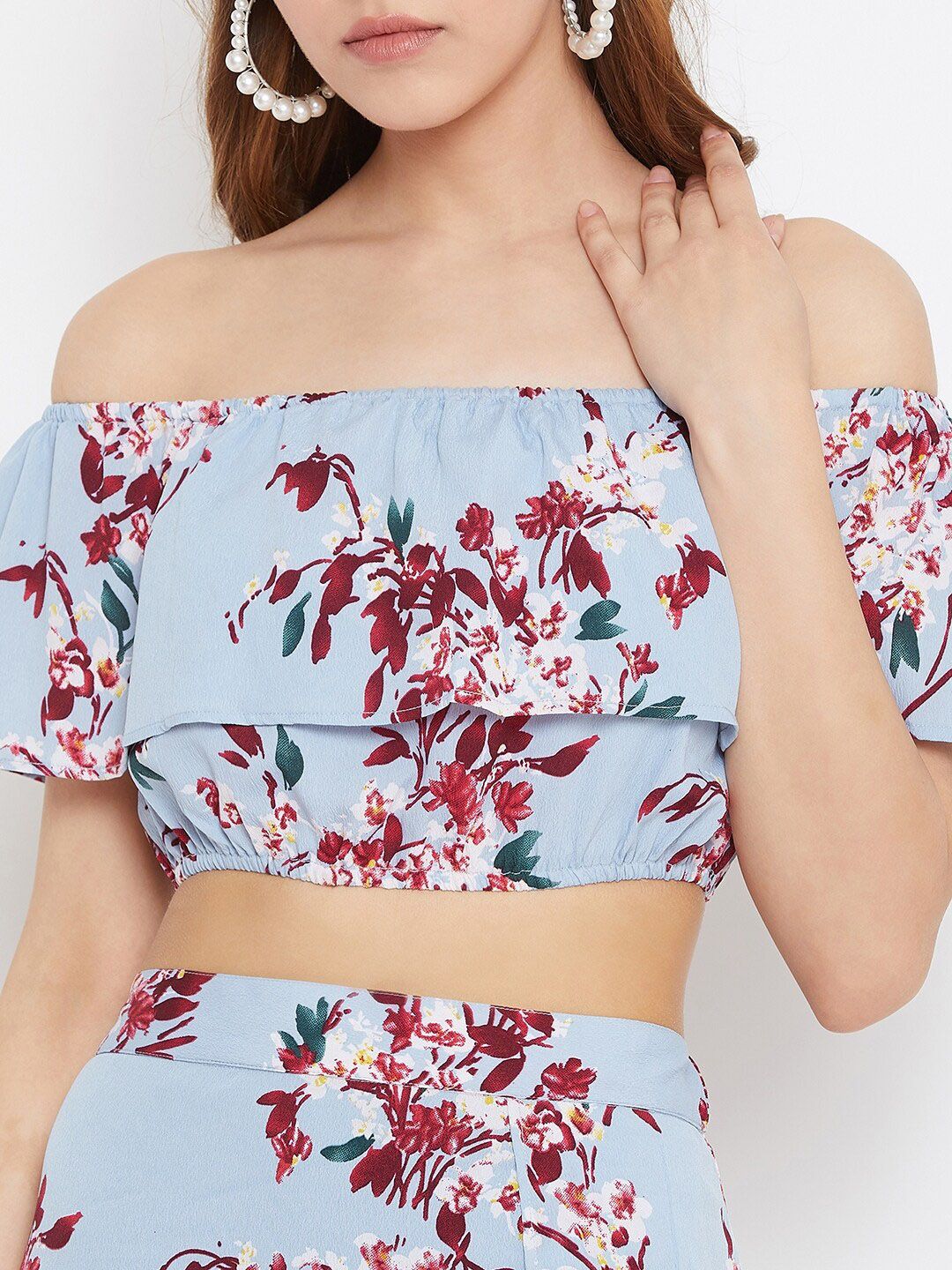 Berrylush Blue & Maroon Floral Printed Two Piece Dress