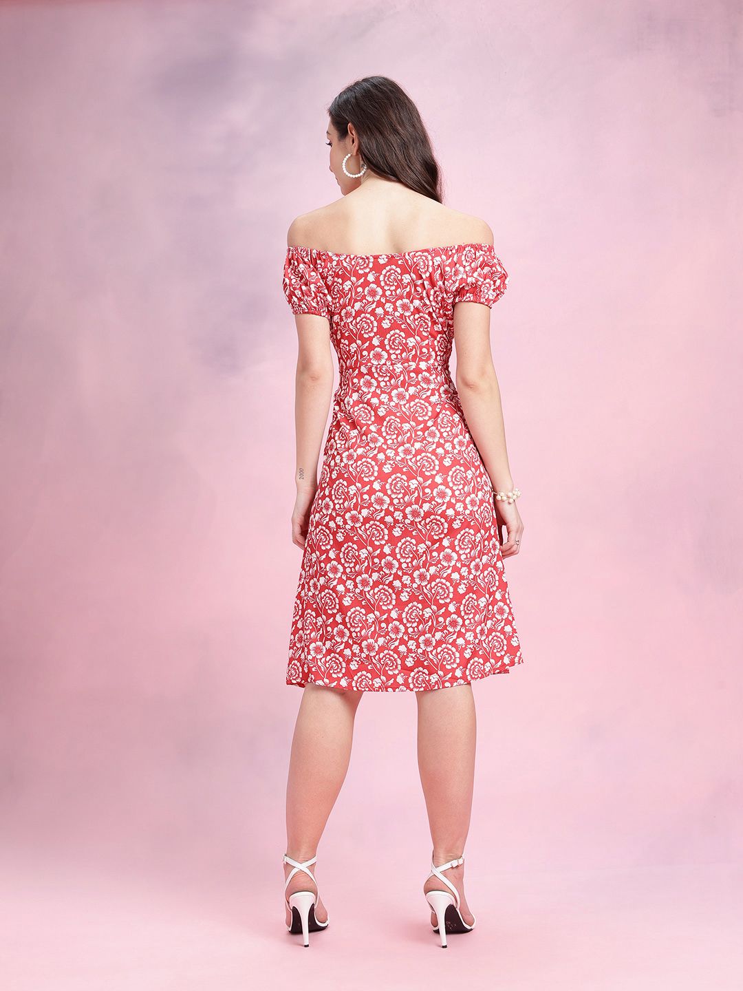 DressBerry Floral Printed Off-Shoulder Puff Sleeve Empire Dress with Slit Detail