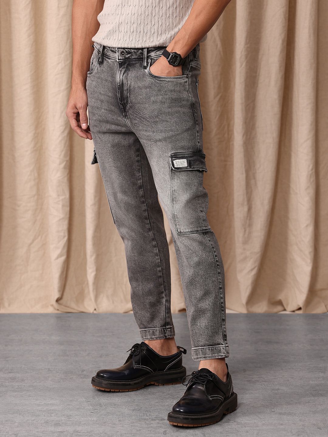 Mr Bowerbird Men Tapered Fit Mid-Rise Heavy Fade Cropped Stretchable Cargo Styles Jeans