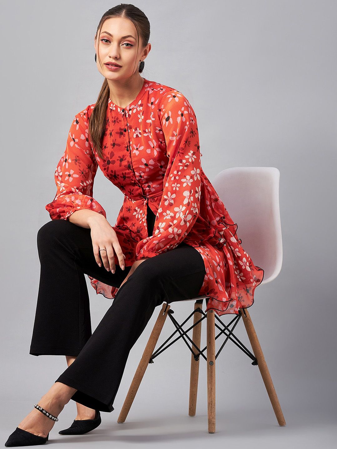 Antheaa Floral Printed Mandarin Collar Tunic With Trousers Co-Ords