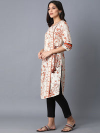 W Women Beige Floral Printed Thread Work Kurta