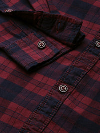 The Indian Garage Co Men Maroon & Navy Blue Checked Cotton Casual Shirt