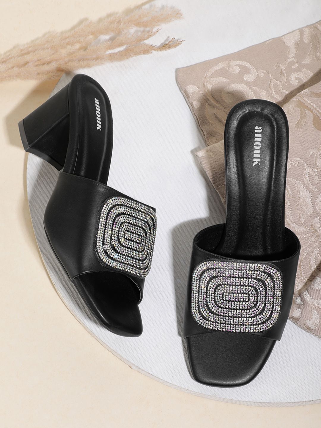Anouk Block  Heeled Sandals with Western Embellishment Detailing