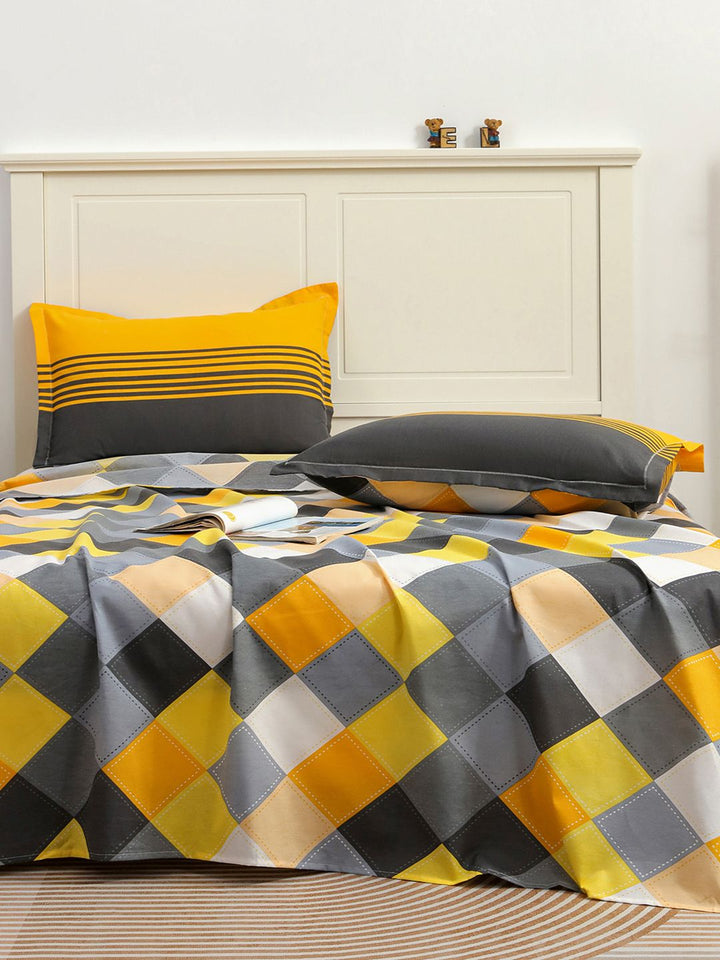 Story@home Grey Yellow Geometric 144 TC Queen Bedsheet with 2 Pillow Covers