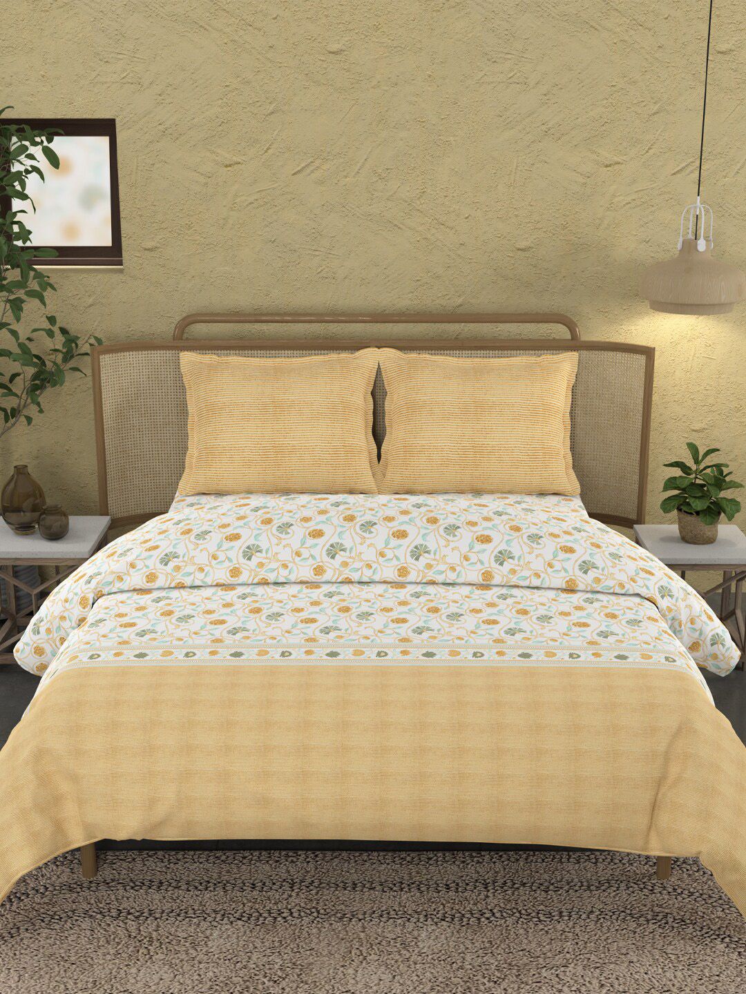 MYTRIDENT Block Print Mastard Sanskriti Flat 144TC King Cotton Bedsheet Set