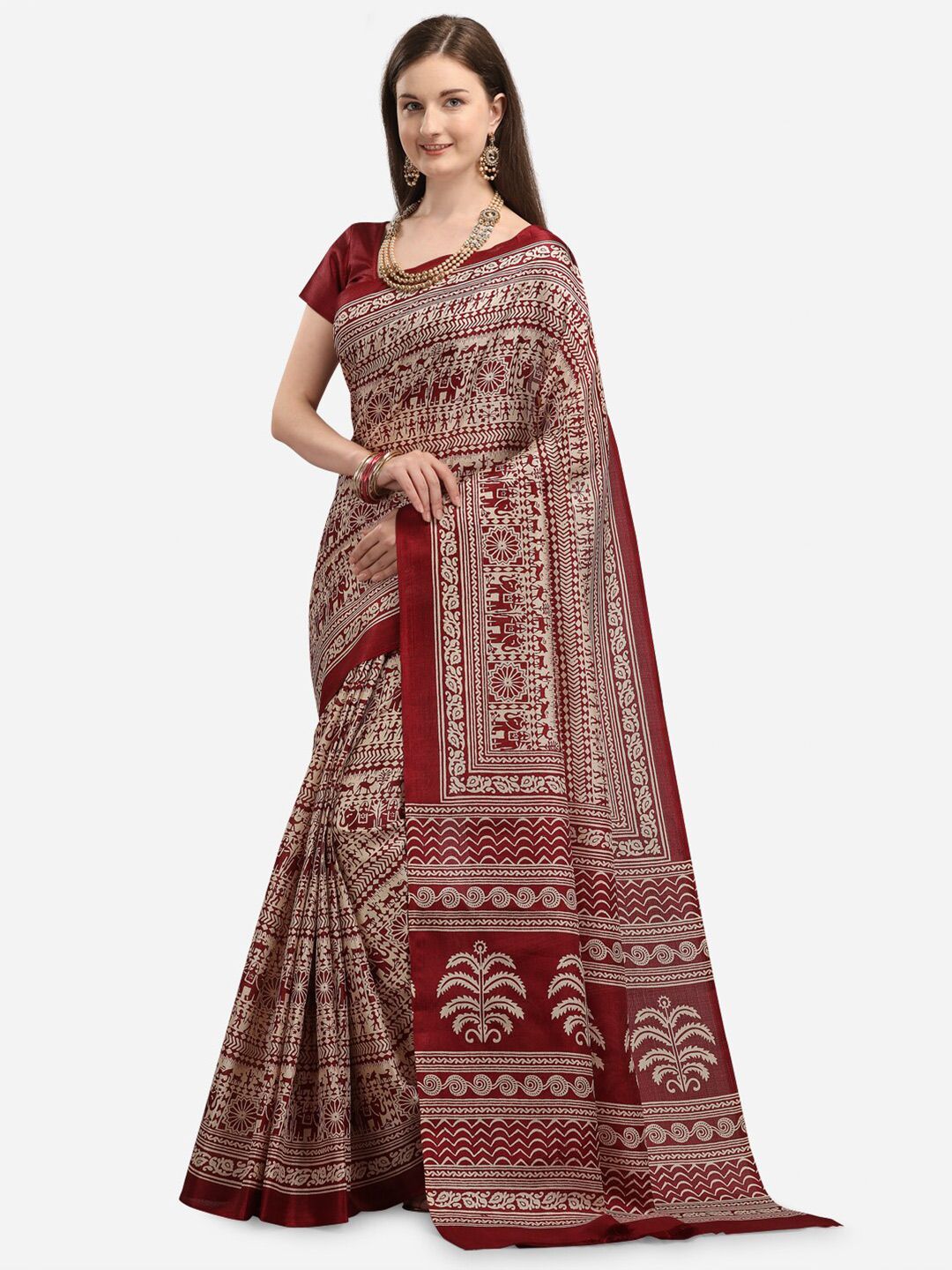 KALINI Maroon & Cream-Coloured Khadi Silk Kalamkari Saree