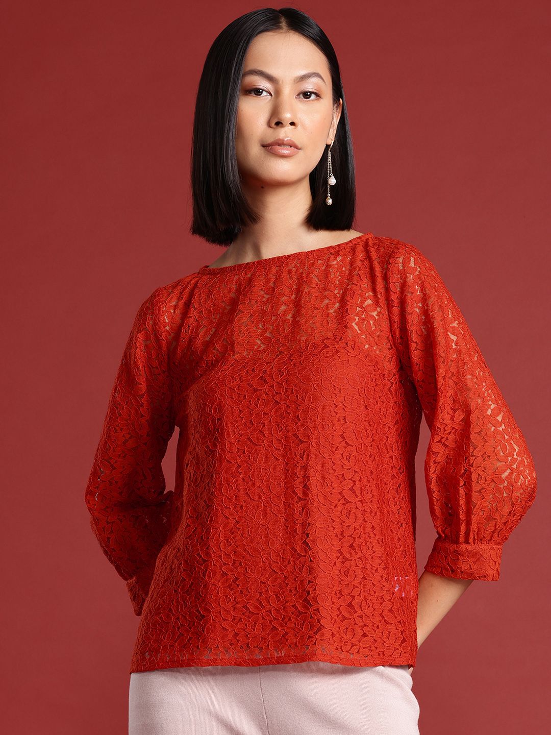 all about you Puff Sleeves Lace-Inserted Top