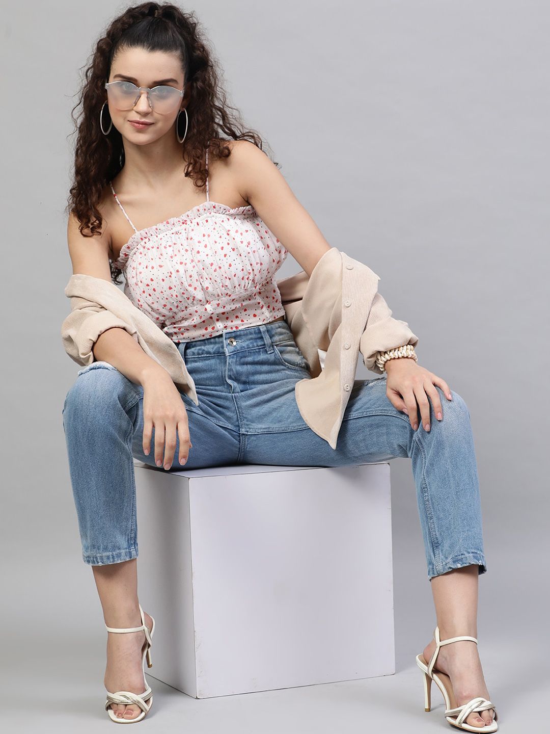 STREET 9 White & Red Heart Print Net Blouson Crop Top