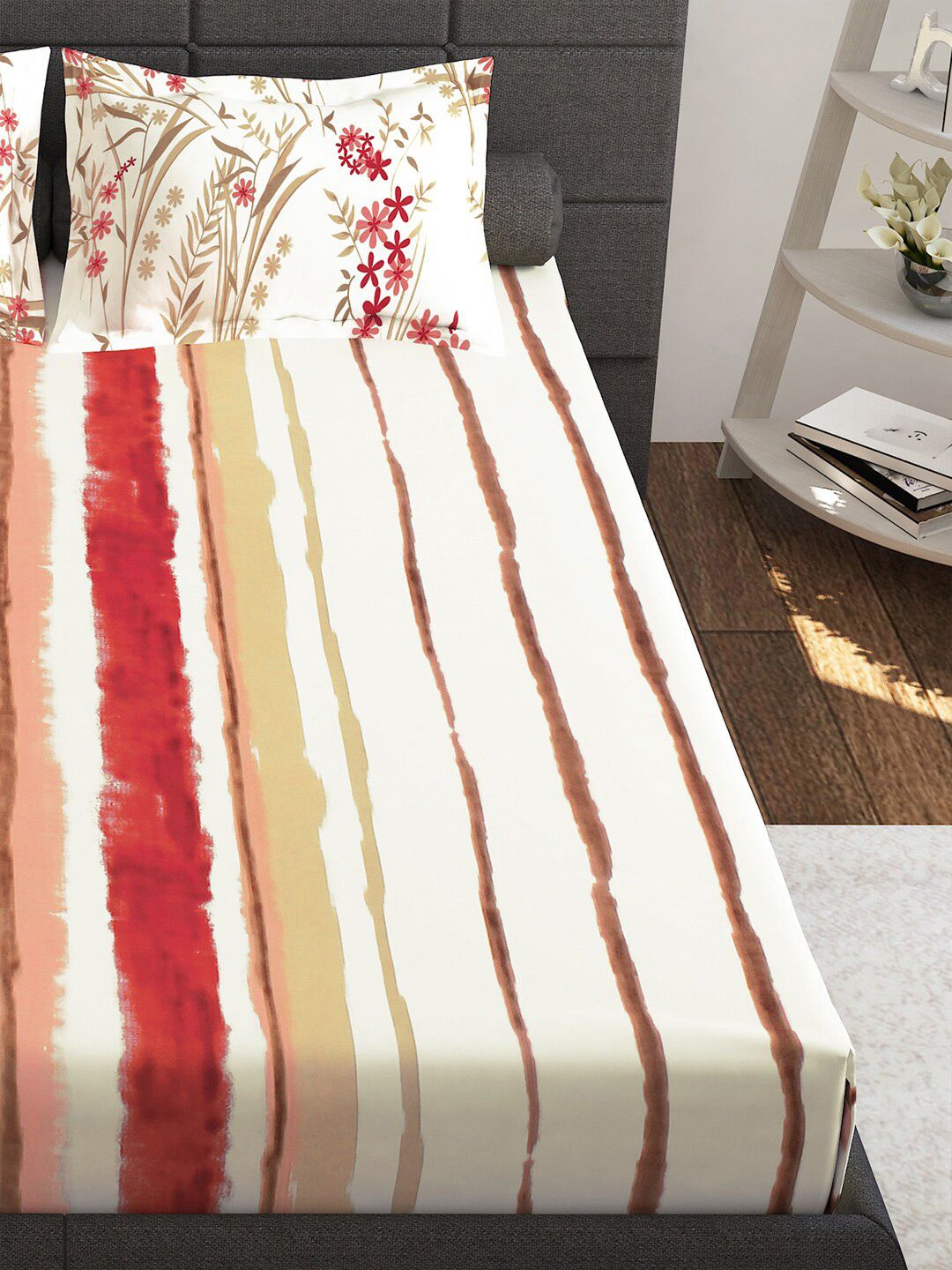 Story@home Red White Striped Cotton 144 TC Queen Bedsheet With 2 Pillow Covers