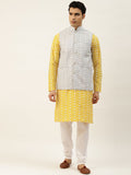 SOJANYA Kurta Kerja Benang Sulam Kuning & Putih Lelaki dengan Jaket Churidar & Nehru
