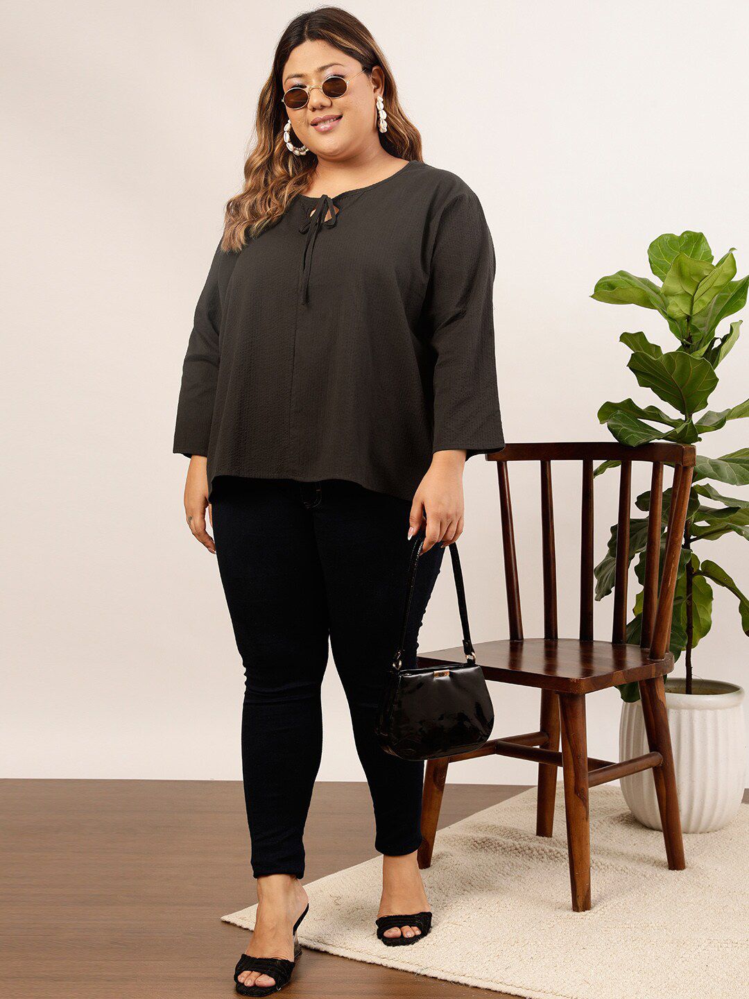 CURVY STREET Plus Size Black Tie-Up Neck Top