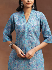 Libas Blue & White Floral Printed V-Neck Pure Cotton Kurta with Trousers & Dupatta