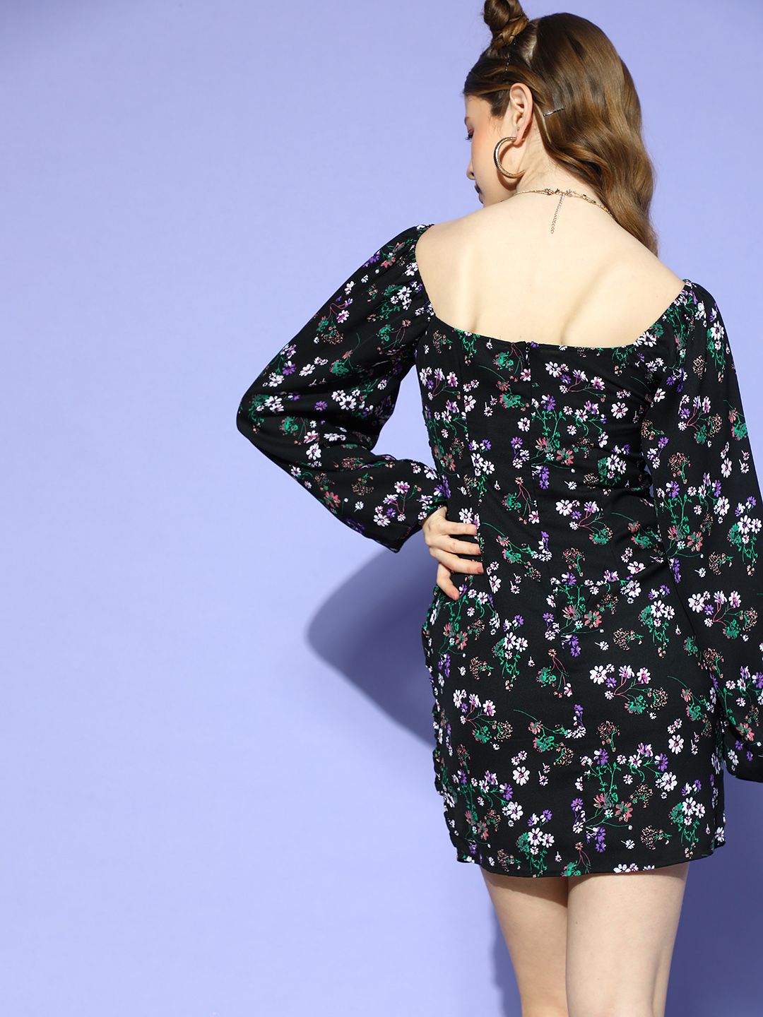 Berrylush Women Stylish Black Floral Volume Play Dress