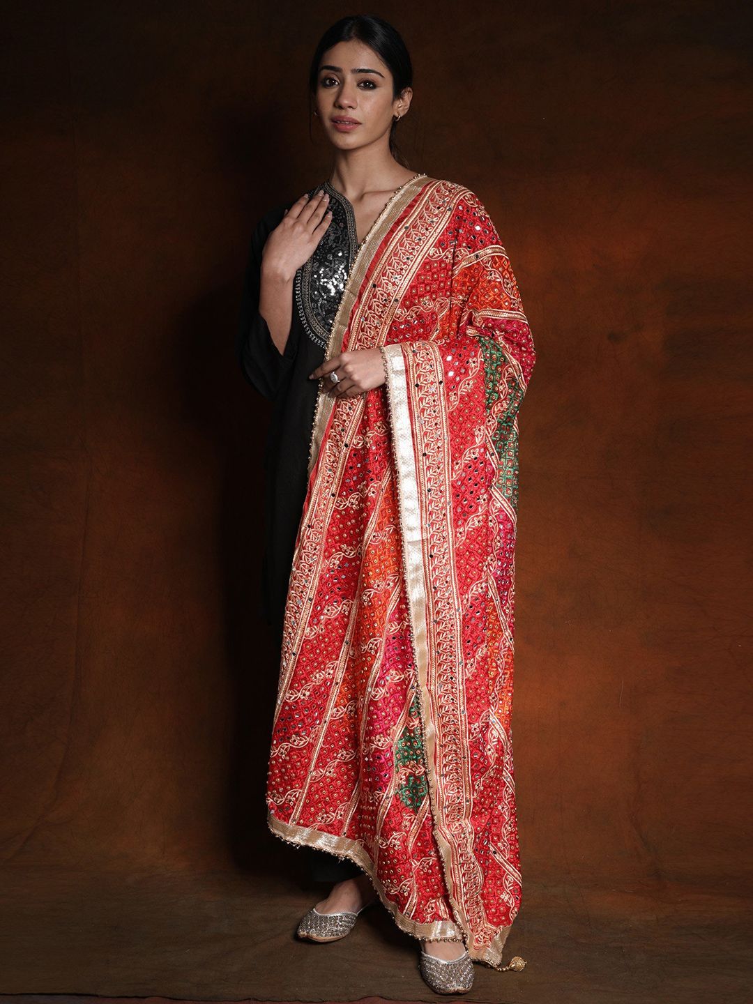 Exotic India True Red Phulkari Mirror Embroidered Silk Dupatta and Gotapatti Border