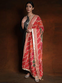 Exotic India True Red Phulkari Mirror Embroidered Silk Dupatta and Gotapatti Border