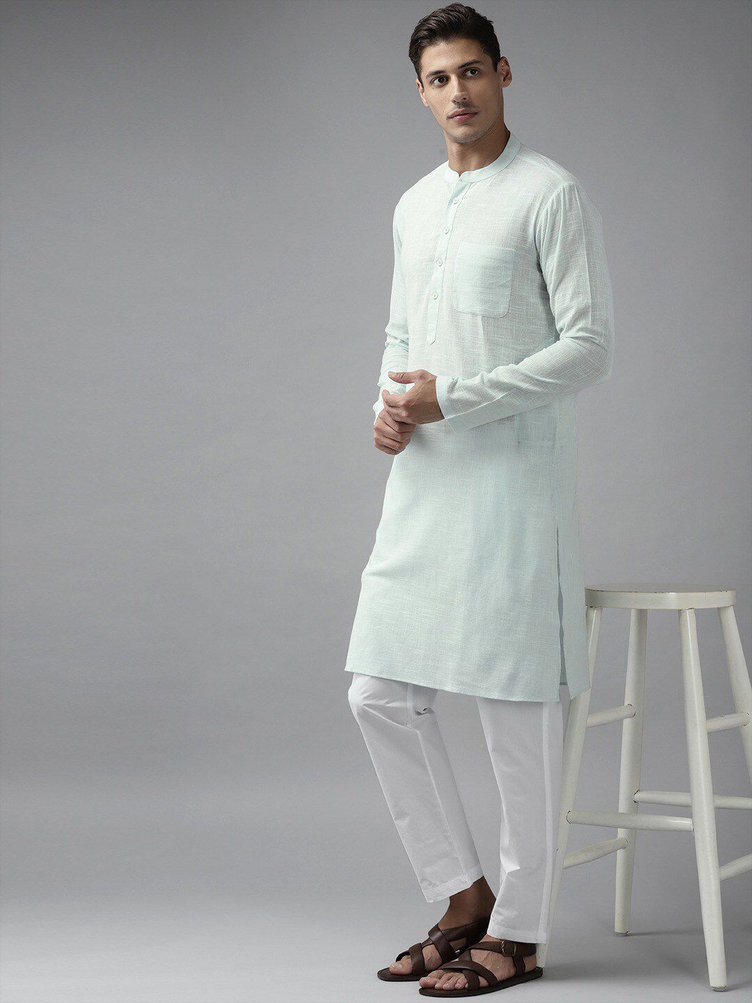 See Designs Men Green Yoke Design Thread Work Kurta