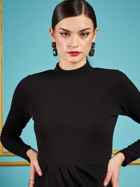 SASSAFRAS Black Self Design Gathered Detail High Neck Sheath Dress