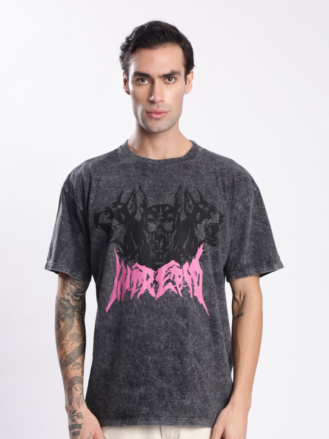 Bene Kleed Men Graphic Printed Acid Wash Cotton Oversized T-shirt
