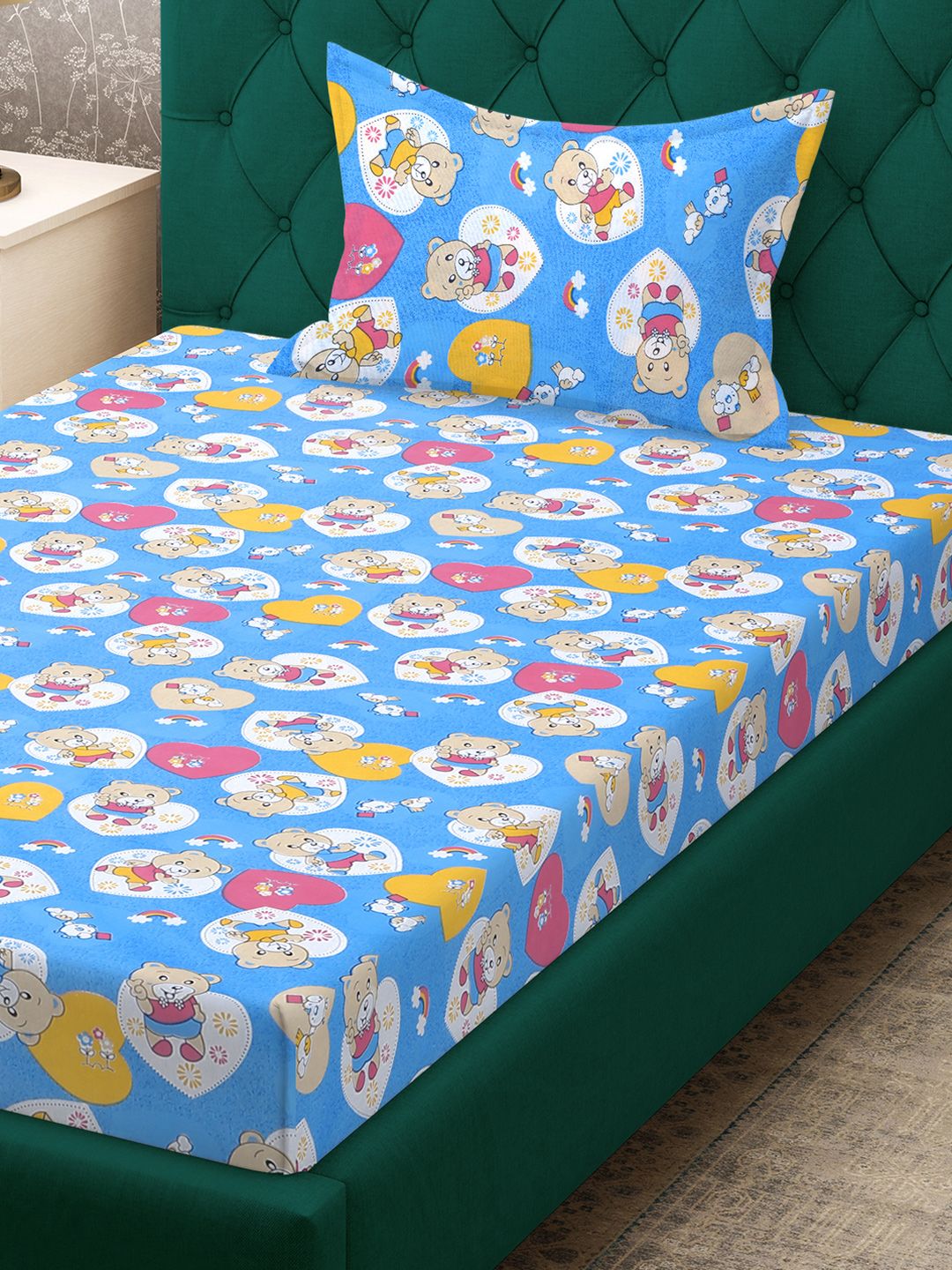 KLOTTHE Blue Conversational Cotton 400 TC Fitted Single Superfine Bedsheet with a Pillow Cover-89 x 59 inches