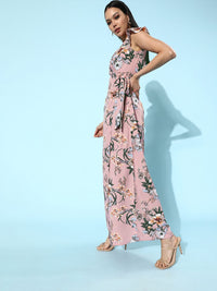 Berrylush Pink Floral Print Wrap Style Maxi Dress